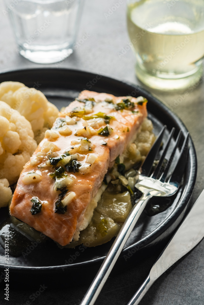 Solomon fillet with pineapple and cauliflower. Fish with vegetables. Solomon fillet with pineapple and cauliflower. Fish with vegetables.