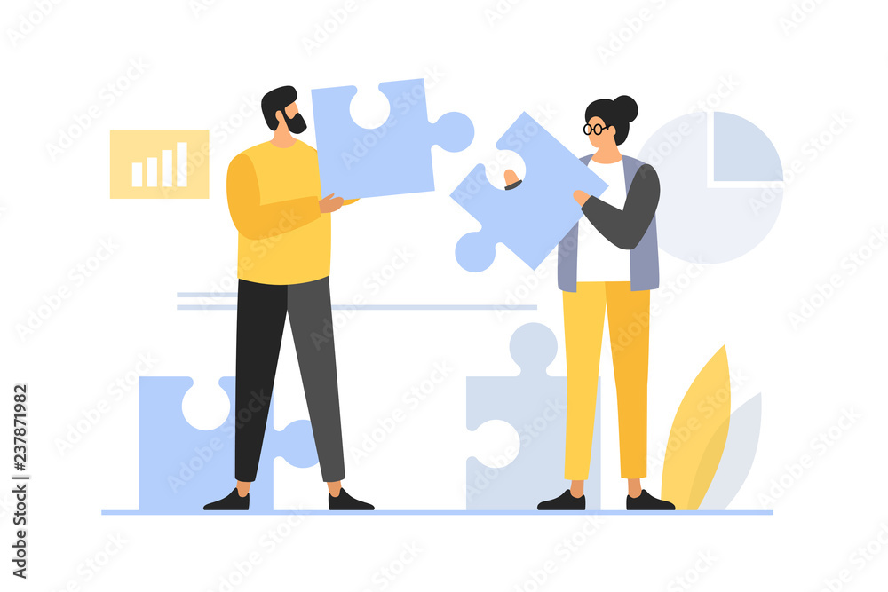 Concept of teamwork, building working system. The man and woman collects puzzles. Solution of business problems. Vector flat illustration. Concept of teamwork, building working system. The man and woman collects puzzles. Solution of business problems. Vector flat illustration.