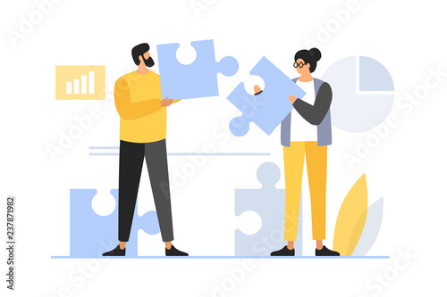 Concept of teamwork, building working system. The man and woman collects puzzles. Solution of business problems. Vector flat illustration.