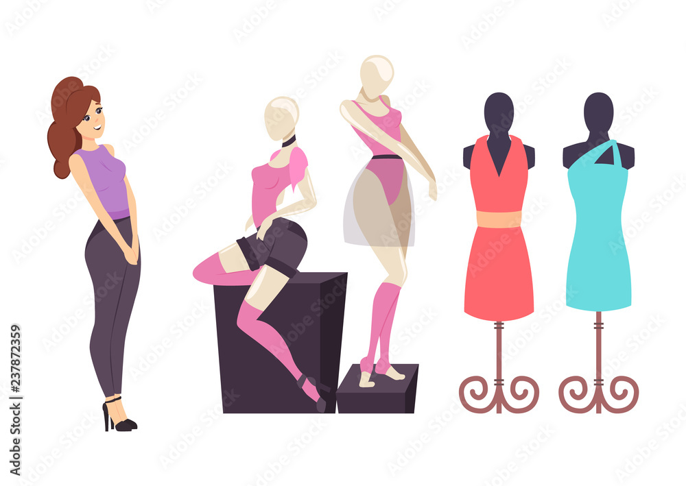 Female Shopaholic Shopping in Clothes Store Vector