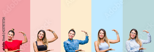 Collage of young beautiful woman over colorful stripes isolated background gesturing with hands showing big and large size sign, measure symbol. Smiling looking at the camera. Measuring concept.