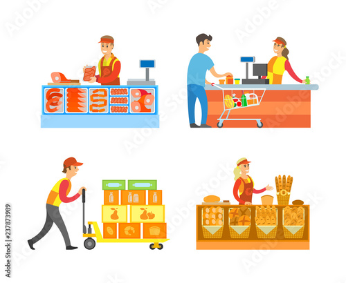 Supermarket Stores Departments and Sellers Vector