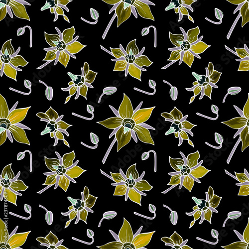 Floral seamless pattern with gold hand-drawn blooming flowers borage isolated on black. Endless texture with wild borago for wallpapers. Summer bright background
