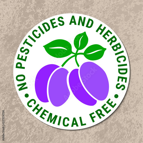 Healthy food vector prune berry violet green sticker.Kraft paper background.Vegetarian,vegan,nature,detox,plant-based weight loss product concept.No pecticides,herbicides,chemical free inscription photo