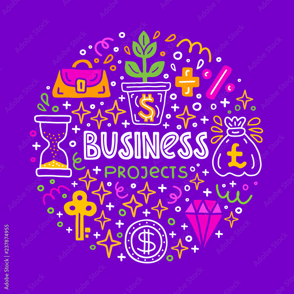 Business project investment handdrawn doodle EPS 10 vector illustration. Lettering text inscription. Capital expenditure finance economics concept. Currency, diamond, start up investing