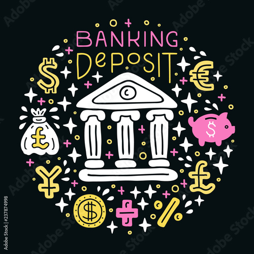 Banking deposit investing. Investment handdrawn doodle EPS 10 vector illustration. Lettering text inscription. Capital expenditure finance business commercial economics concept.