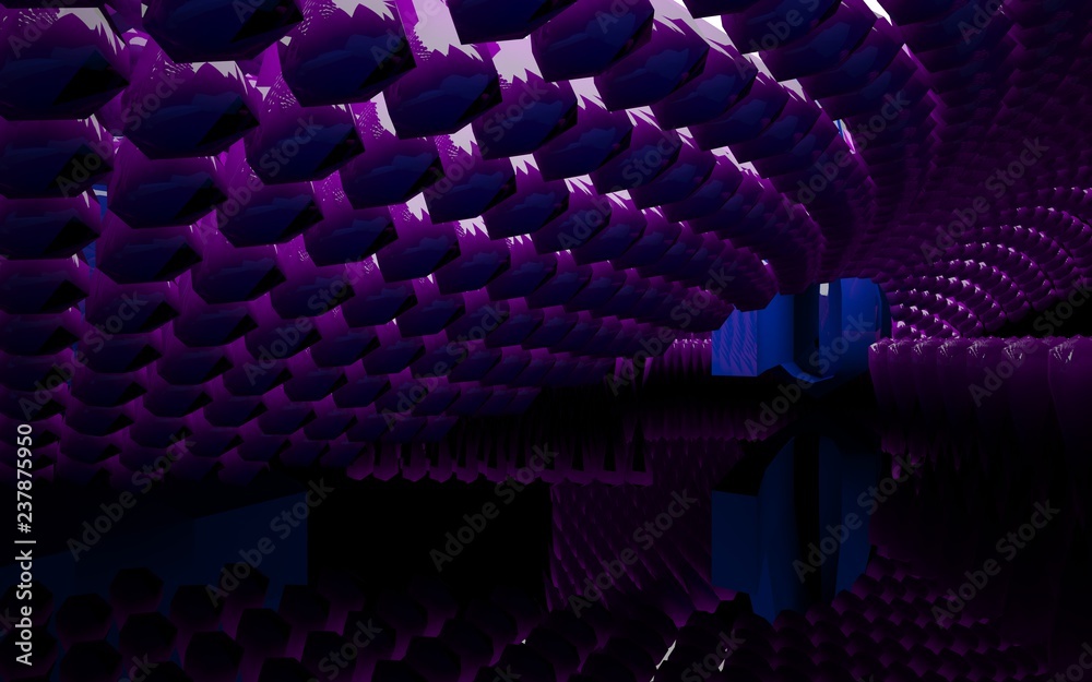 Obraz premium Abstract interior of the future in a minimalist style with violet and red sculpture. Architectural background. 3D illustration and rendering