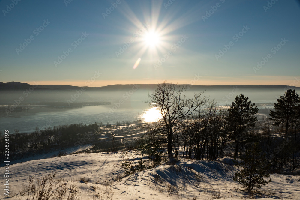 mountains, river, fog, snow, trees, sun, glare, sky mountains, river, fog, snow, trees, sun, glare, sky