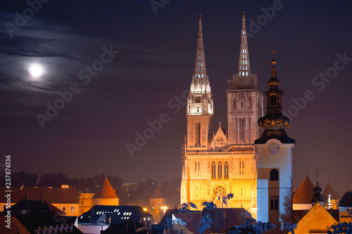 Zagreb cathedral and cityscape evening view
