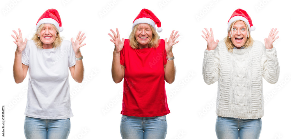 Fototapeta premium Collage of beautiful middle age blonde woman wearing christmas hat over white isolated backgroud celebrating mad and crazy for success with arms raised and closed eyes screaming excited