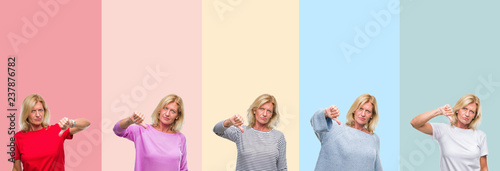 Collage of middle age senior beautiful woman over colorful stripes isolated background looking unhappy and angry showing rejection and negative with thumbs down gesture. Bad expression.