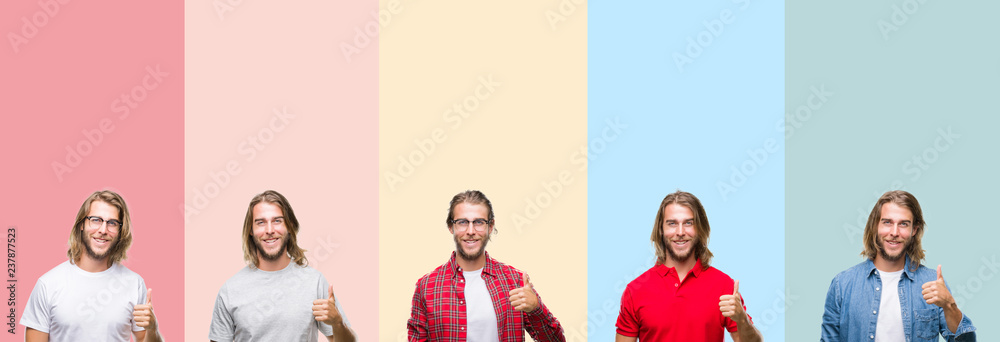 Fototapeta premium Collage of young handsome man over colorful stripes isolated background doing happy thumbs up gesture with hand. Approving expression looking at the camera showing success.