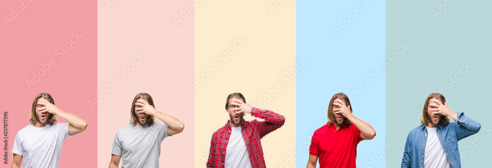 Naklejka premium Collage of young handsome man over colorful stripes isolated background peeking in shock covering face and eyes with hand, looking through fingers with embarrassed expression.