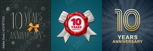 10 years anniversary celebration set of vector icons, logo