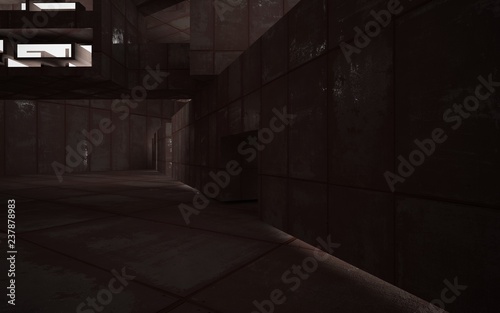 Empty abstract room interior of sheets rusted metal and concrete. Architectural background. 3D illustration and rendering