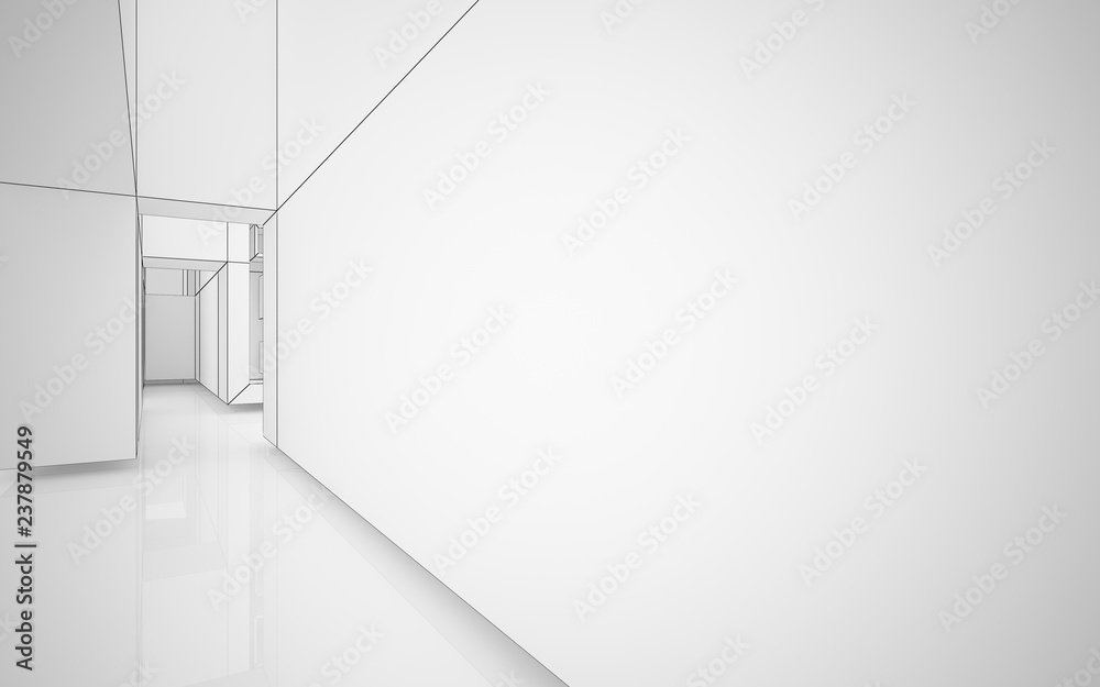 Abstract white interior highlights future. Polygon drawing . Architectural background. 3D illustration and rendering