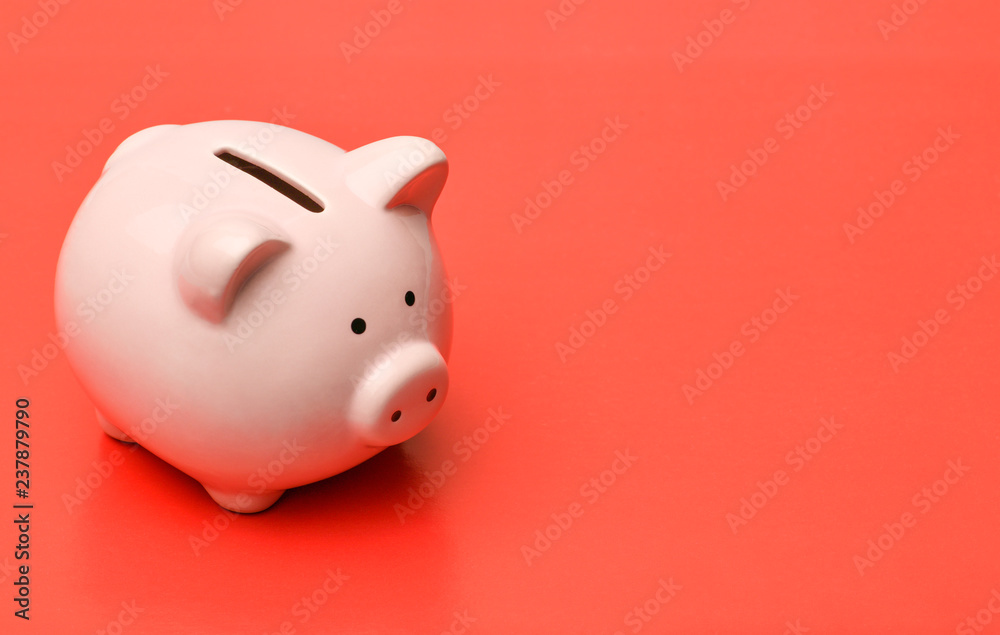 Pink piggy Bank stands on the left on a red background with a shadow. On the right there is a place in copyspace