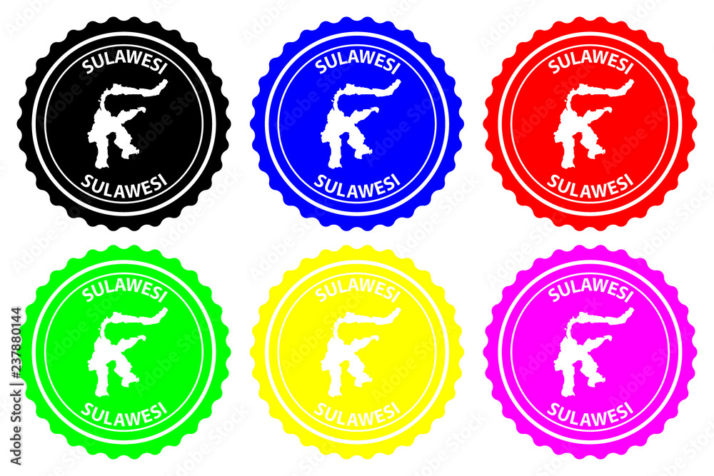 Sulawesi - rubber stamp - vector, Celebes map pattern - sticker - black, blue, green, yellow, purple and red Sulawesi - rubber stamp - vector, Celebes map pattern - sticker - black, blue, green, yellow, purple and red