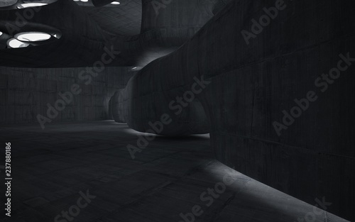 Empty dark abstract concrete room smooth interior. Architectural background. Night view of the illuminated. 3D illustration and rendering