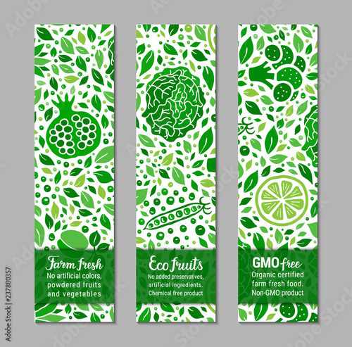 Ecology green food banner set with cabbage, pomegranate, lime, leaf and peas pattern. Farm fresh, Eco fruits, GMO free lettering text. Weight loss concept. Low calorie product EPS 10 vector background