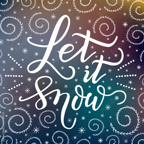 Merry Christmas Lettering design inscription. Elegant winter ornate background with stylized snow patterns on the frozen window glass. EPS 10 vector illustration