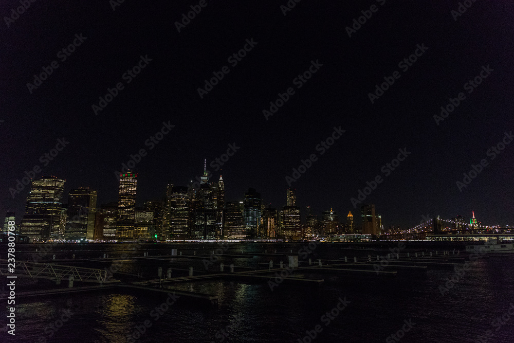 Manhattan skyline panorama with Times Square lights at dusk, New York City