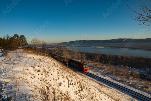 river, mountains, fog, slope, railway, train, winter, nature