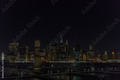 Manhattan skyline panorama with Times Square lights at dusk  New York City
