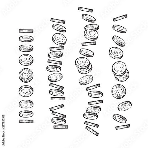 Set of coins falling in different perspective, angles, directions in sketch style. Dropping dollars, pile of cash, stack of money. Black and white finance set. Hand drawn vector.