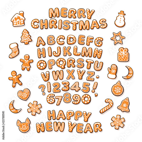 Christmas and New Year text, gingerbread alphabet and cute traditional holiday cookies. Sugar coated letters and numbers. Cartoon hand drawn vector illustration.