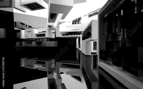 Abstract white interior of the future, with glossy black wall and floor. 3D illustration and rendering © SERGEYMANSUROV