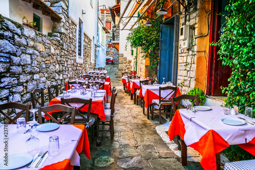 traditional colorful Greece series - cute taverns in narrow streets. Skiathos island