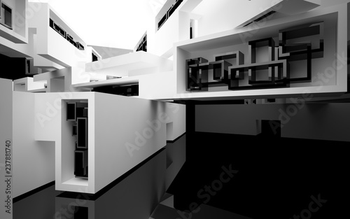 Abstract white interior of the future, with glossy black wall and floor. 3D illustration and rendering