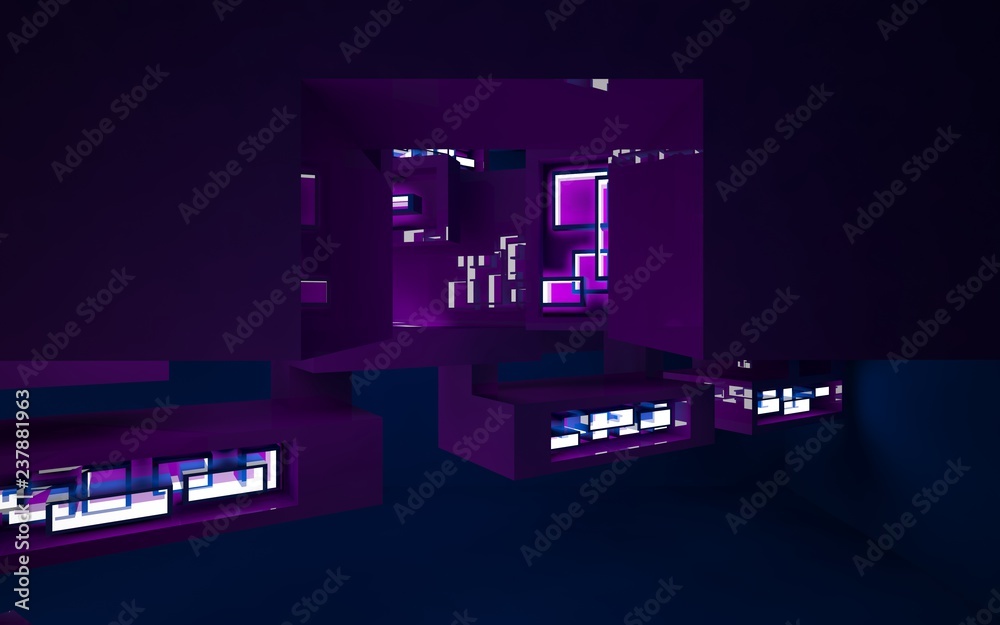 Abstract interior of the future in a minimalist style with violet sculpture. Night view from the backligh. Architectural background. 3D illustration and rendering