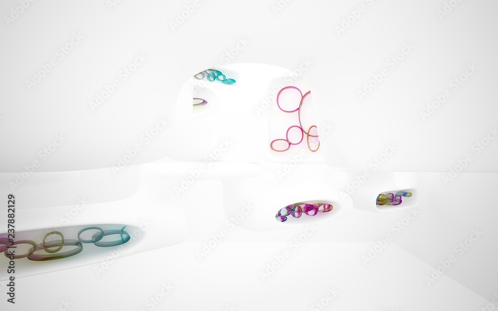 Abstract dynamic interior with white smooth objects and colored glass lines. 3D illustration and rendering Abstract dynamic interior with white smooth objects and colored glass lines. 3D illustration and rendering