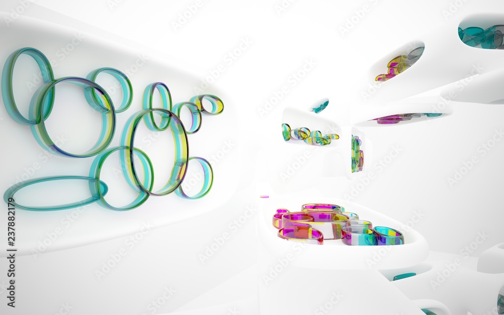 Fototapeta premium Abstract dynamic interior with white smooth objects and colored glass lines. 3D illustration and rendering