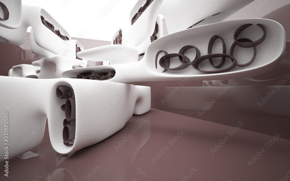 Abstract dynamic brown interior with white smooth objects . 3D illustration and rendering