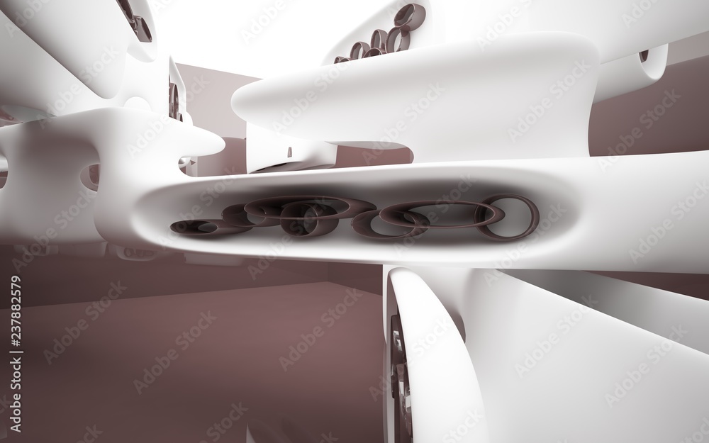 Abstract dynamic brown interior with white smooth objects . 3D illustration and rendering Abstract dynamic brown interior with white smooth objects . 3D illustration and rendering