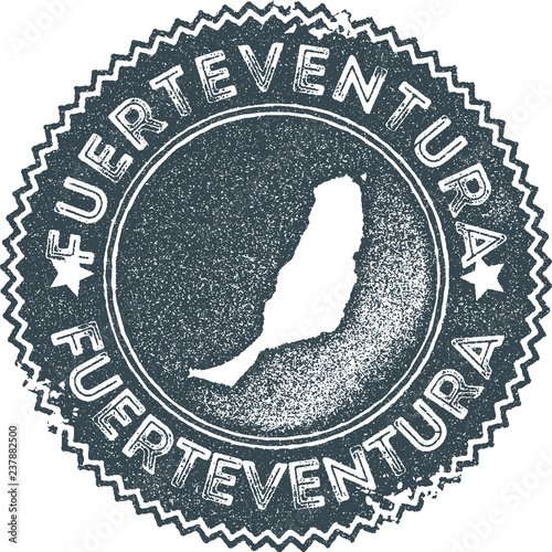 Fuerteventura map vintage stamp. Retro style handmade label, badge or element for travel souvenirs. Dark blue rubber stamp with island map silhouette. Vector illustration.