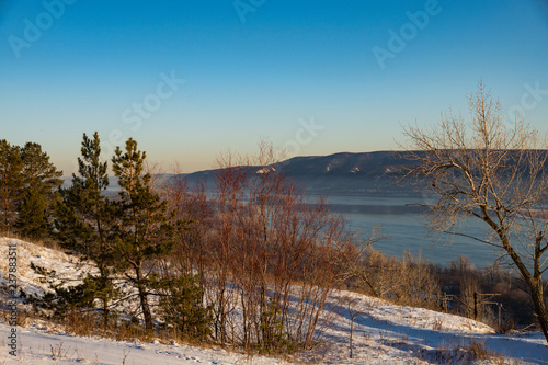 river, mountains, trees, pines, sky, snow, winter, nature