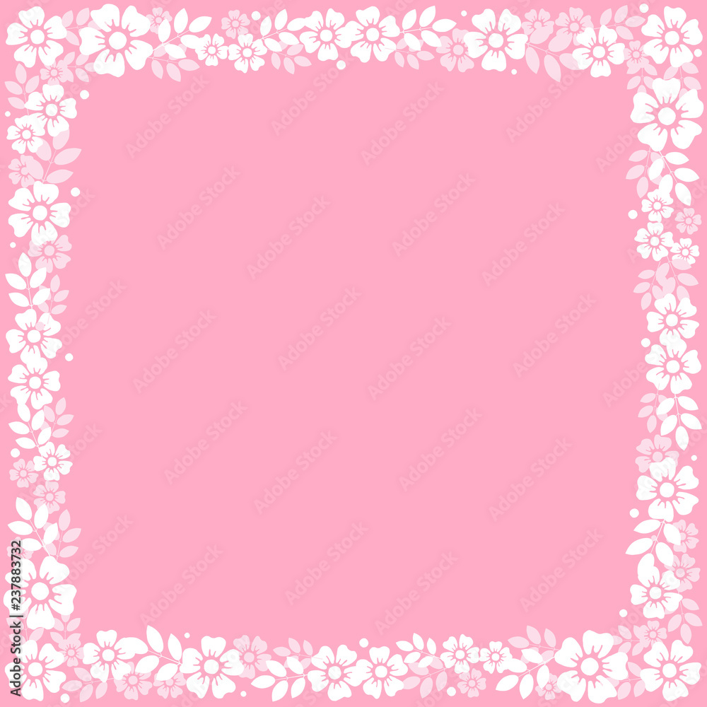 Pink square background with decorative frame of white flowers and leaves for decoration, invitation or wedding, poster, valentines day, valentine, lettering or text, advertising, flower shop, holiday