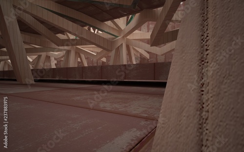 Empty abstract room interior of sheets rusted metal with wood and blue glass. Architectural background. 3D illustration and rendering
