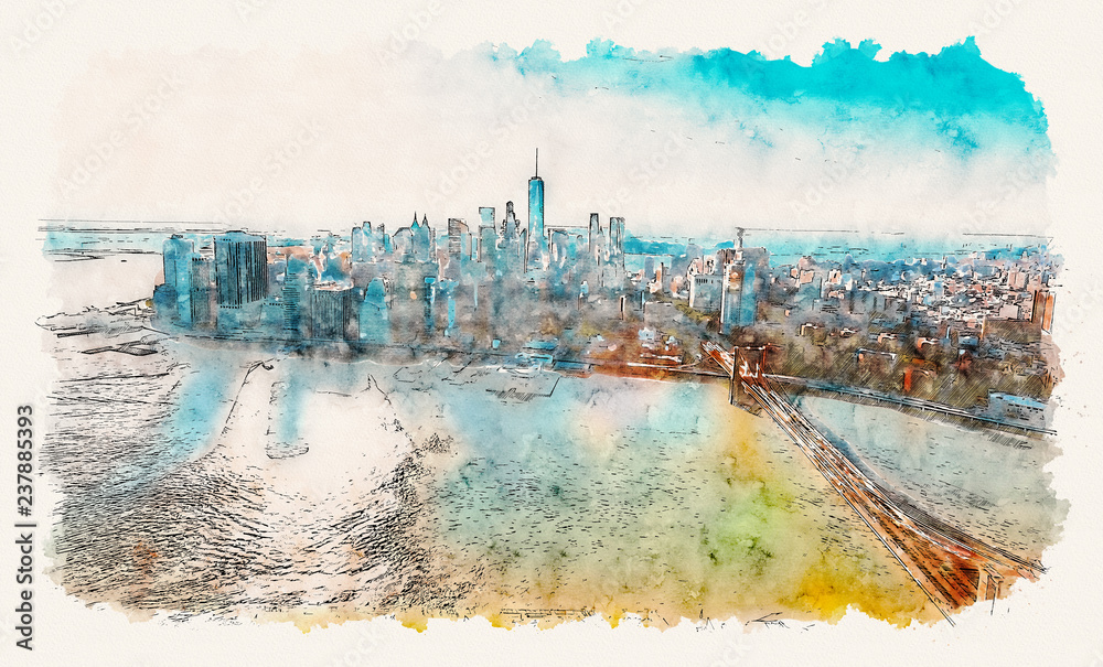 Aerial view of the Brooklyn Bridge over the East River in New York City at sunset watercolor painting