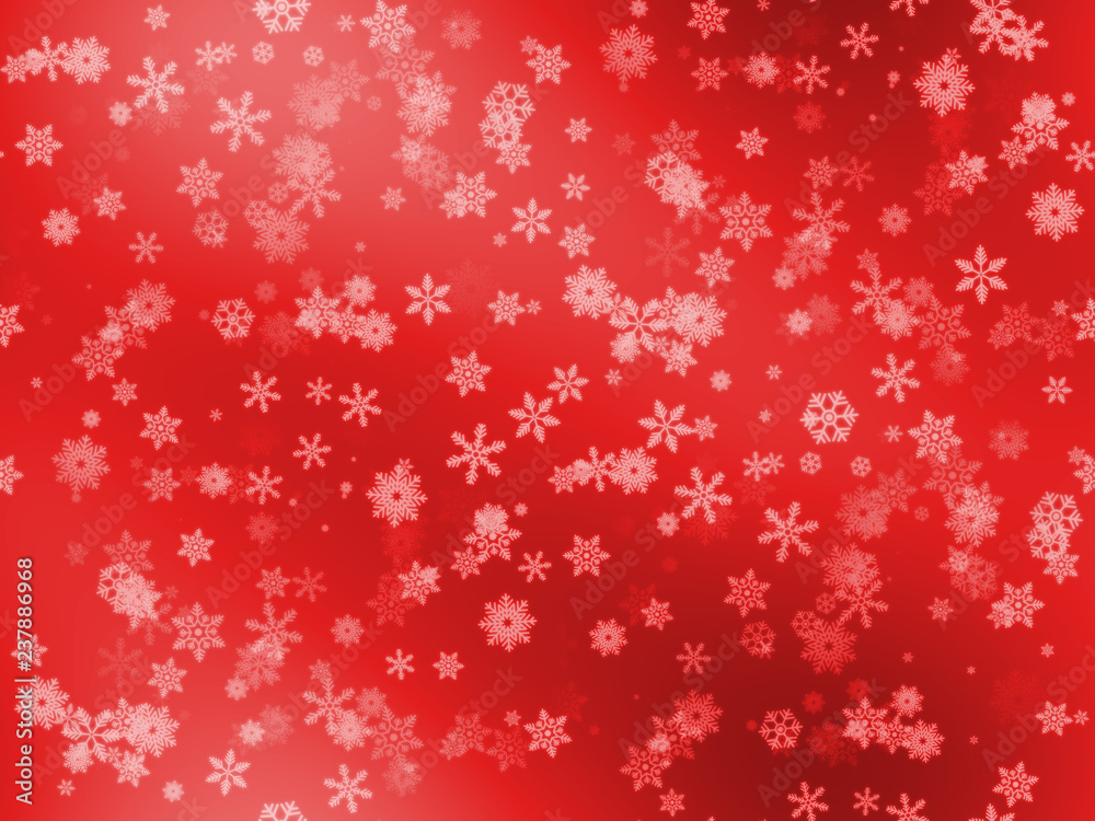 Seamless snow flakes pattern (various big and small size) on red gradient background. For Christmas, new year celebration, poster, banner, card, gift wrap