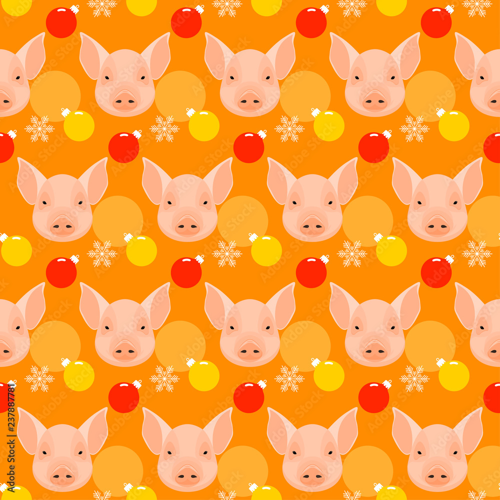 Happy new pig year seamless pattern. Cute pig background for new year greeting card, party invitation, new year holiday sale advertising, winter vacation travel poster, bag prrint, t-shirt etc.