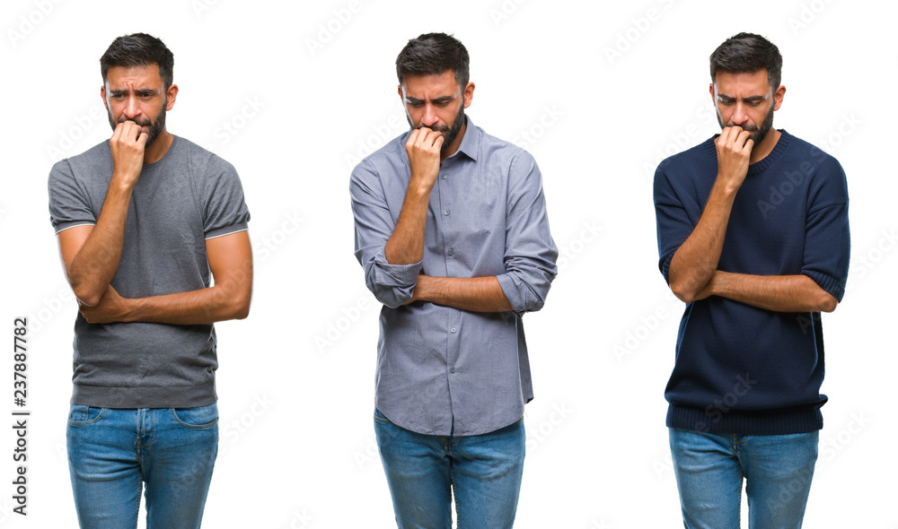 Collage of handsome young indian man over isolated background looking stressed and nervous with hands on mouth biting nails. Anxiety problem. Collage of handsome young indian man over isolated background looking stressed and nervous with hands on mouth biting nails. Anxiety problem.