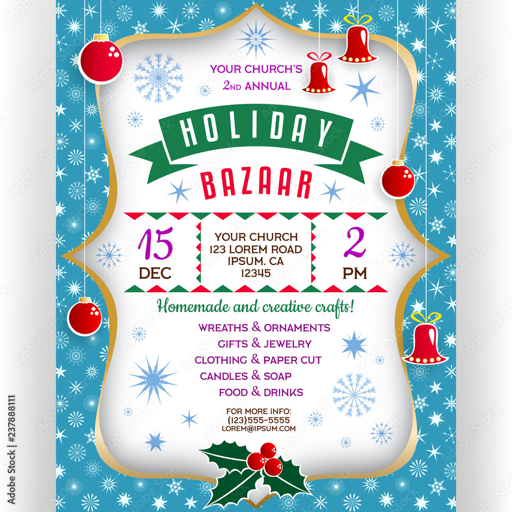 Poster for winter holiday bazaar. Invitation flyer with paper cut ...