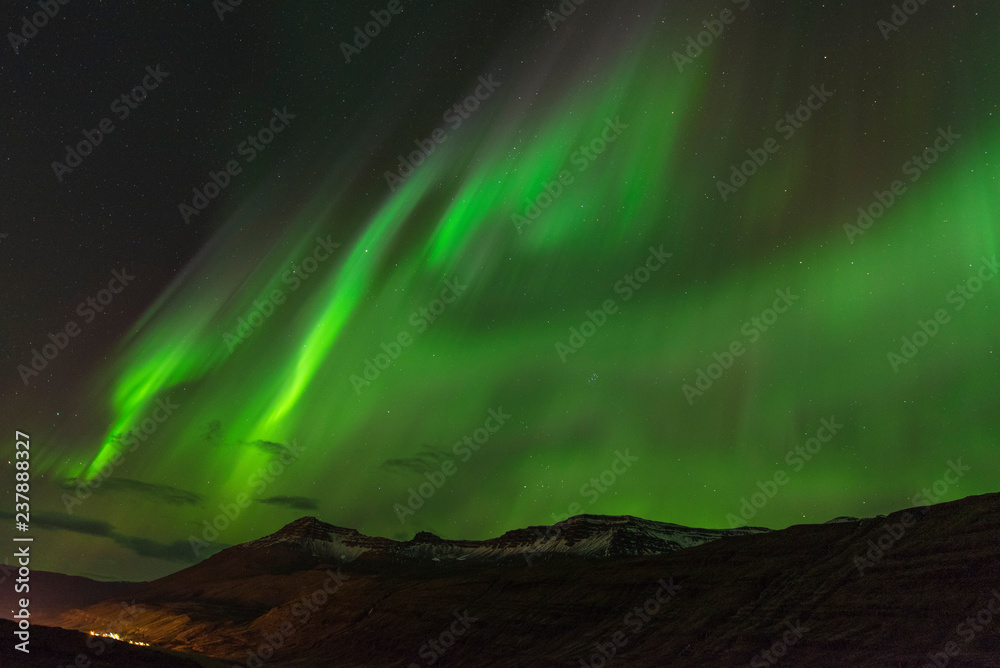 Aurora borealis Green on Teriberka in Murmansk region, Russia