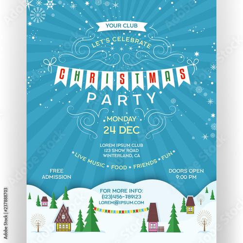 Poster for Christmas party. Invitation flyer with colorful houses between snow-covered hills.