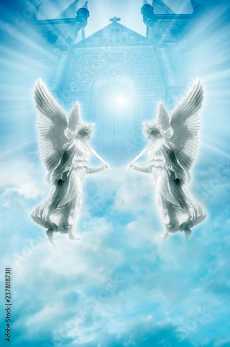 Two angels near mystical divine angel archangel Paradise gate 